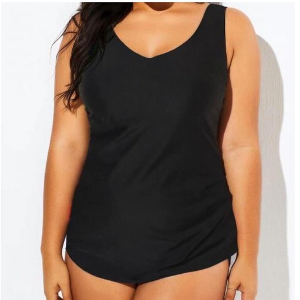 Women's Black V-neck Sarong Front One Piece Swimsuit